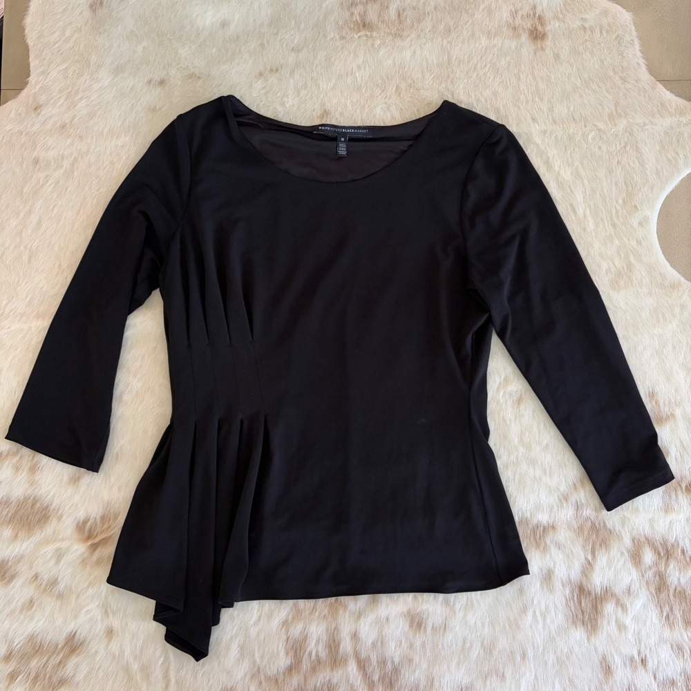 White House Black Market Black Side Pleated Peplum Top 3/4 Sleeve Matte Jersey M